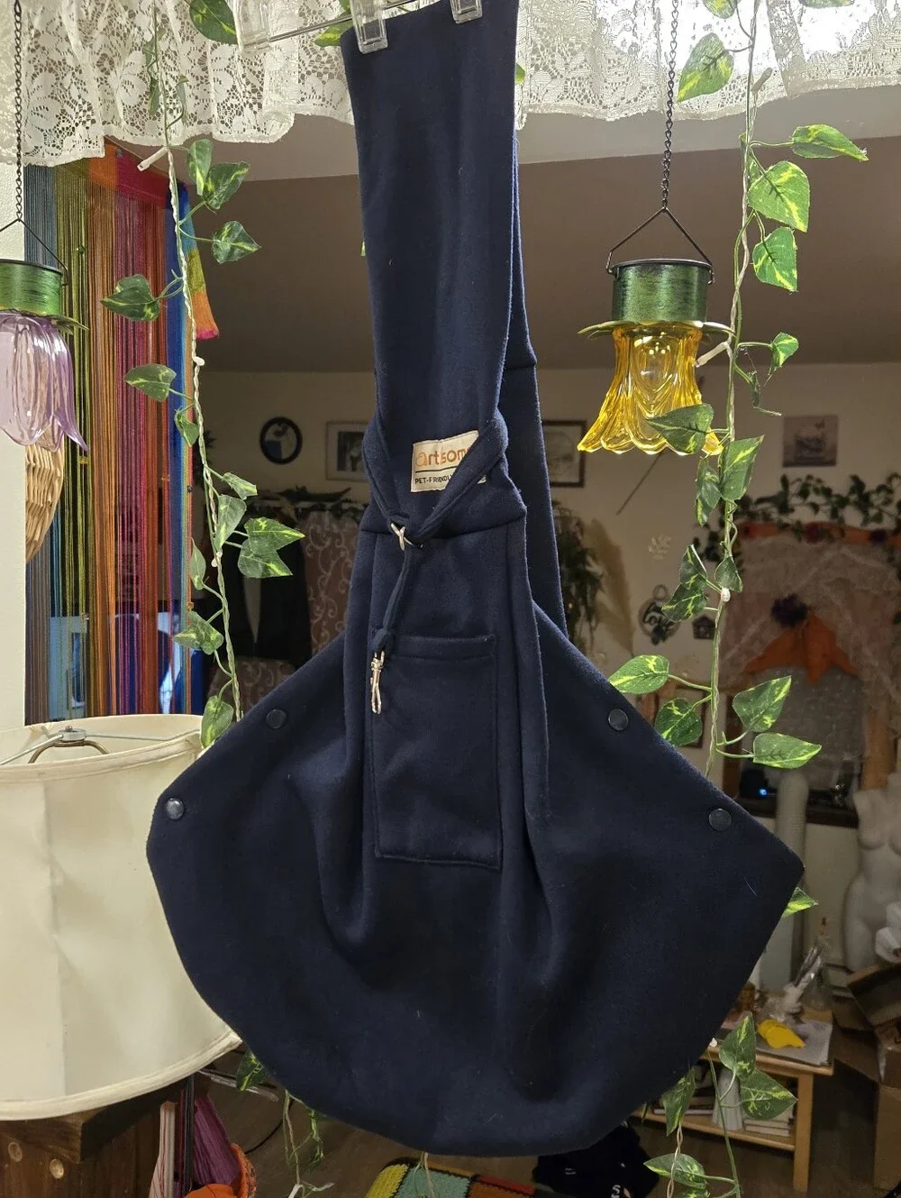 Artisome Navy Blue Pet Sling Carrier Hands Free Dog Cat Bag Gingham Lining
